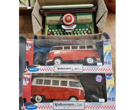 Vintage Mettoy Supertype tin plate child's typewriter in original box, together with two Welly 1:16 scale Volkswagen Ti Bus a