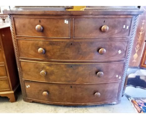 19th century mahogany bow fronted chest of two short and three long graduated and cock beaded drawers. 124cm wide approx.  (B