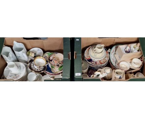 Two boxes of china to include: cabinet cups and saucers, continental teaware, Japanese 'Imari' plates, Oriental figurines, St