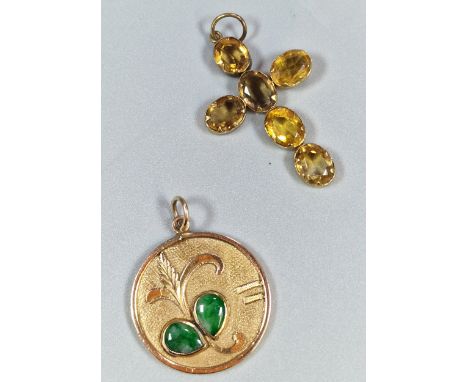 Chinese yellow metal pendant, of circular form with green hardstone foliate decoration to one side and character mark to the 