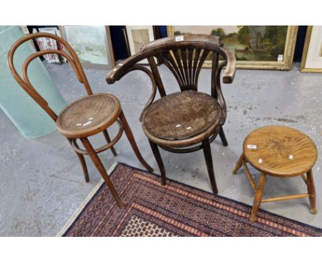 Traditional bentwood single chair, similar bentwood elbow chair and a small elm and beech circular seated stool. (3) (B.P. 21