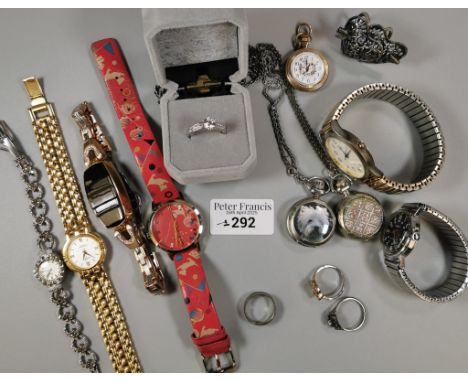 Plastic tub of items to include: various wristwatches including Timex, assorted dress rings, chains, cocktail watch etc. (B.P