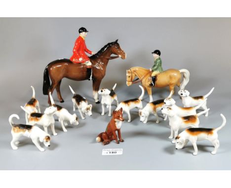 Collection of Beswick China hunting group to include: equestrian figure on horseback in black cap, red jacket and black boots