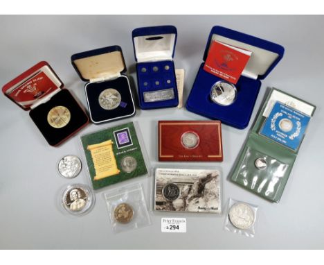 Box of coinage to include; two silver crowns, one with drilled hole dated 1898 and 1935, 2005 Grand Slam commemorative medal,