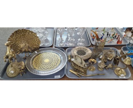 Two trays of brassware to include: Middle Eastern design Genie lamp, butterflies, horses, peacock, Chinese design potpourri v
