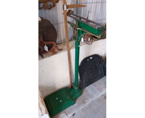Set of W &amp; T Avery Ltd platform scales, together with a tall wooden horse measuring stick. (2) (B.P. 21% + VAT)