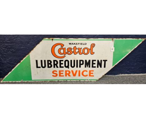 Wakefield Castrol Lubrequipment Service, rhomboid shaped double sided enamel sign. Length overall 122cm approx. (B.P. 21% + V