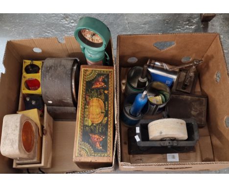 Two boxes of oddments to include: Golden Pumpkin advertising pine box, hat shaped mantel clock, knife grinder, Turbo Oil cans