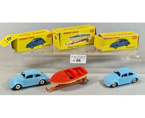 Three Dinky Toys to include: 796 Healey Sports Boat on Trailer, and two 181 Volkswagens. All in original boxes. (3) (B.P. 21%