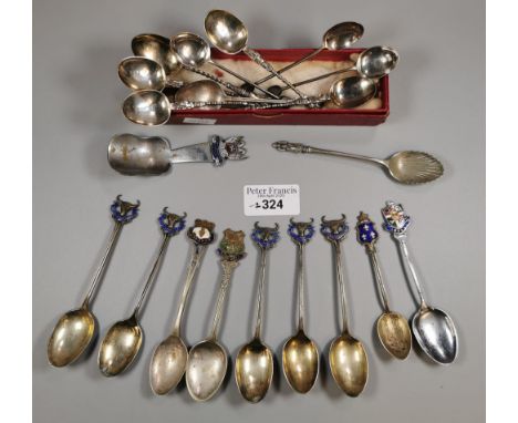 A collection of silver and some silver plate / EPNS souvenir and enamel spoons together with silver Apostle spoons and coffee