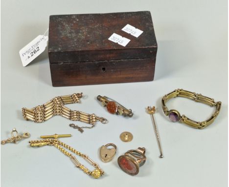 Small wooden box comprising assorted gold plated/rolled gold/yellow metal and other jewellery to include: gate bracelets, sea