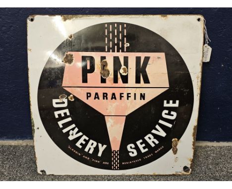 'Pink Paraffin Delivery Service' single sided enamel advertising sign. 42cm wide approx. (B.P. 21% + VAT) General corrosion t
