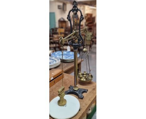 Set of Victorian W &amp; T Avery Ltd Birmingham brass and cast iron scales, with an assortment of brass weights, brass pan an