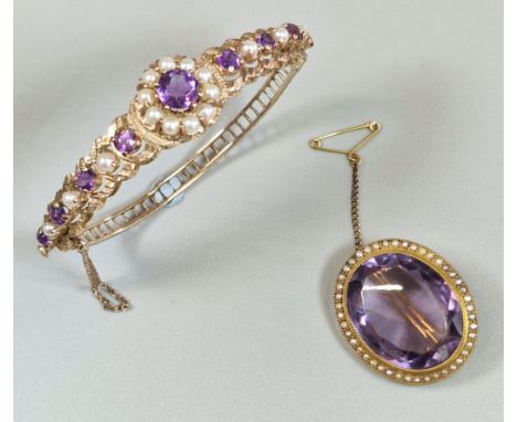9ct gold amethyst and pearl bangle inset with nine amethyst stones and sixteen pearls. 16.9g approx. Together with a yellow m
