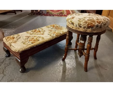 Tapestry upholstered mahogany fender stool. 77cm long approx. Together with a tapestry upholstered beech framed adjustable pi