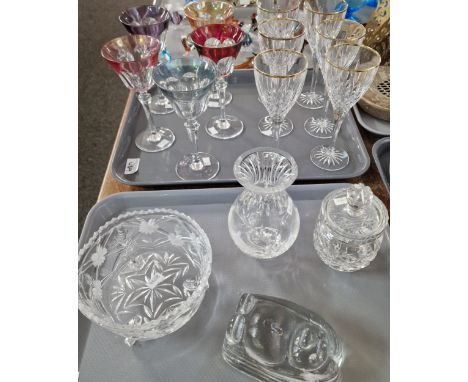Two trays of glassware to include: coloured hock glasses and other wine glasses with gilt rims, glass bowl, vase etc. (2)  (B