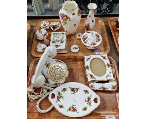 Collection of Royal Albert bone china 'Old Country Roses' design items to include: mantel clock, picture frames, telephone, v