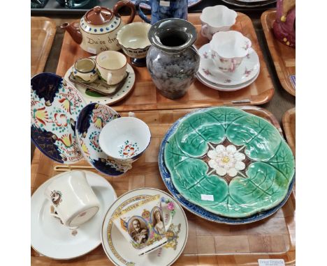 Two trays of assorted ceramics to include: Shelley teacups and saucers, Torquay Ware , Ewenny, Gaudy Welsh, Majolica plate, c