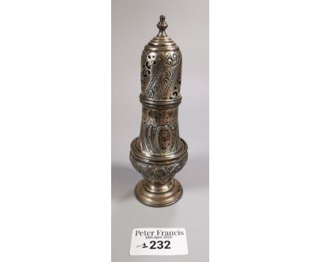 A late Victorian silver ornate pepperette. By William Aitken, Chester 1895. 2.85 troy oz approx. (B.P. 21% + VAT)