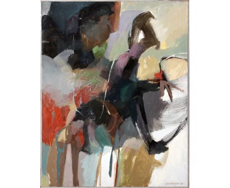 ALAN MARSHALL ACRYLIC ON CANVAS, H 45.5", L 35.5", "INQUIRY":  Alan Marshall [American, 20th C.].  An abstract acrylic on can