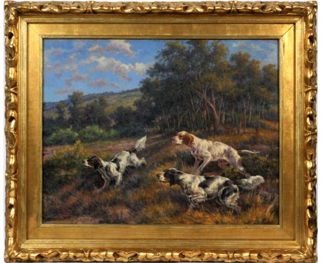 EDMUND HENRY OSTHAUS [AMERICAN, 1858-1928], OIL ON CANVAS, H 28", L 36", THREE IRISH SETTERS:  Three Irish setters. Signed lo