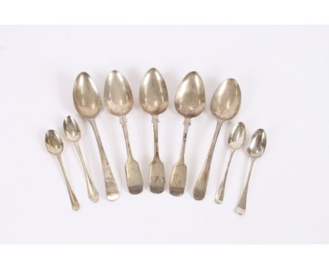 Two George III silver "Old English" patterned dessert spoons; three Victorian silver "Fiddle" patterned dessert spoons, Exete
