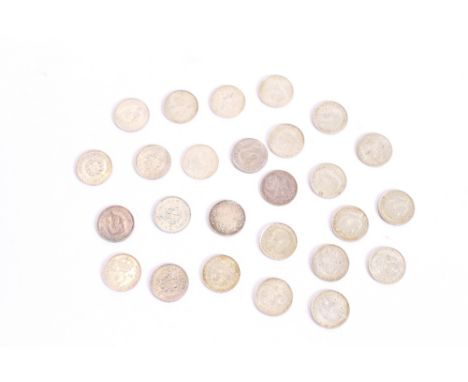 Twenty six silver 3d. pieces, mixed dates, (condition good)
