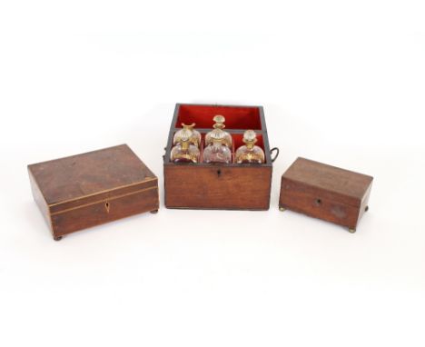 A George III mahogany decanter box, and contents of five gilt decorated decanters, (some damage); a Regency mahogany and sati