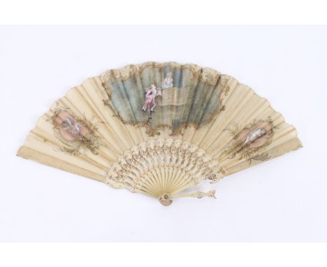 A 19th Century mother of pearl and painted silk fan, decoration of oriental ladies in a boat, contained in a box, S Levy Even