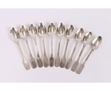 Ten white metal teaspoons, all numbered 1926; various silver teaspoons, condiment spoons, a pendant etc.