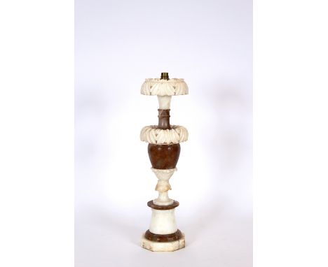 A white and brown marble baluster table lamp base, 58cm high