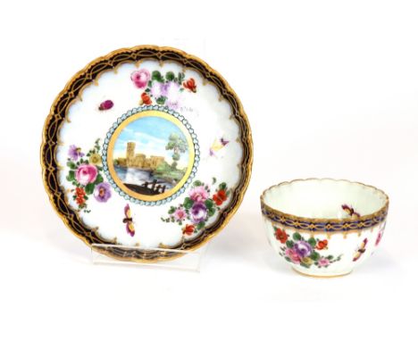 A late 18th Century Worcester cabinet cup and saucer, with painted floral and insect decoration around a central pictorial re