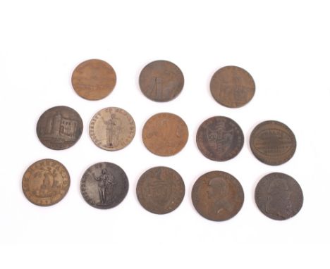 Thirteen various 18th Century tokens; six silver 3d. pieces 1935-1940, (condition good)