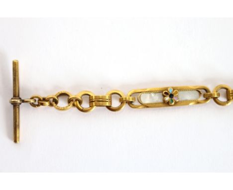 A yellow metal watch chain, with enamel and mother of pearl decorated panels