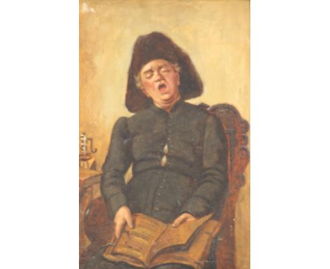19th Century English school, "A tiring read", unsigned oil on panel, 32cm x 19.5cm