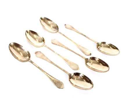 Five silver fiddle, shell and thread patterned grapefruit spoons, London 1872; and another larger spoon, London 1862