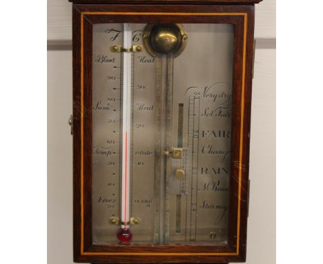 A mahogany and boxwood strung stick barometer, surmounted by a broken arch pediment and brass finial, silvered scale dial, 94