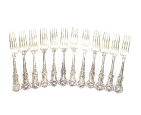 A set of twelve Victorian silver "Kings" patterned table forks, London 1850, makers mark GA, 39oz