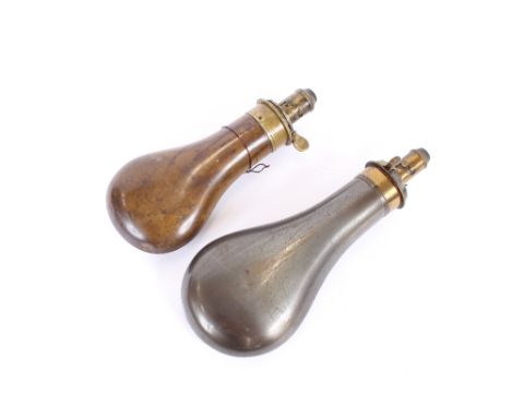 A small plain copper powder flask, by Dixon, 17.5cm; and a polished tin flask, by Dixon, 20cm, (2)