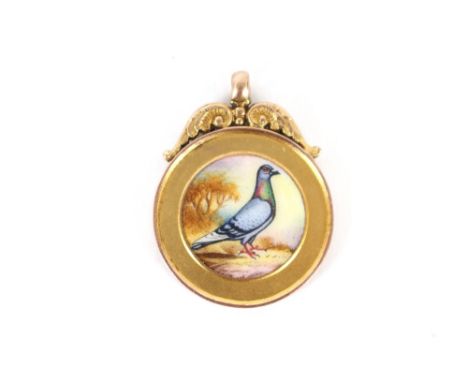 A 9 carat gold and enamel fob, decorated with a pigeon and inscribed verso, "Camelon H.S. W.B.Average", J Cooper & Son, 1933