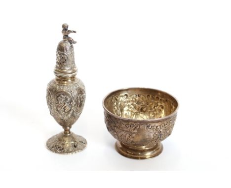 An Edwardian silver pedestal sugar bowl, by Williams, embossed floral decoration, 9cm dia., Birmingham 1909; and a continenta
