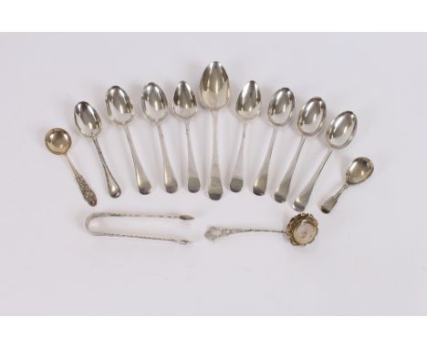 A collection of various silver spoons, to include late Georgian caddy spoon, five George V Old English pattern dessert spoons