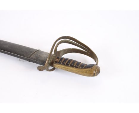 A 19th Century Indian cavalry sword, having brass three bar hilt, curved blade, 80cm, in leather scabbard