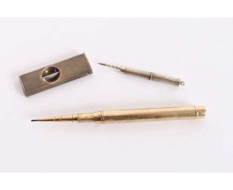 A 9 carat gold propelling pencil, by Sampson Mordan & Co.; a silver retractable tooth pick; and a silver cased cigar cutter
