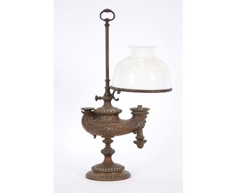 A single burner Wild Wessell table oil lamp, having white opaque glass shade, AF, central loop handle, 55.5cm high x 31cm wid