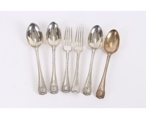 A set of four Victorian silver shell and bead pattern serving spoons, monogrammed, London 1878; one matching table fork, make