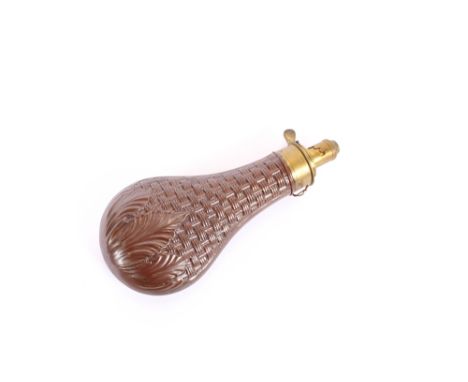 An unusual James Dixon copper powder flask, of basket weave pattern, 22.5cm