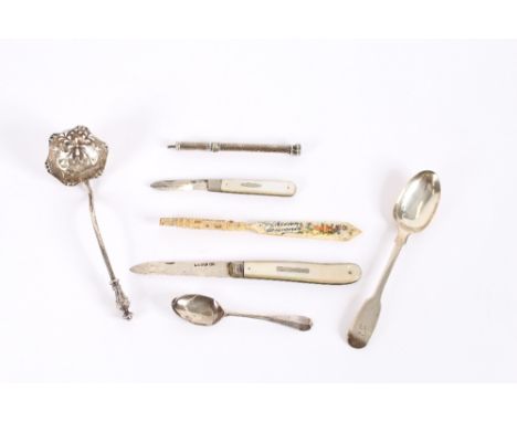 Two 19th Century silver bladed and mother of pearl handled folding fruit knives; an 18th Century silver teaspoon AF; a Victor