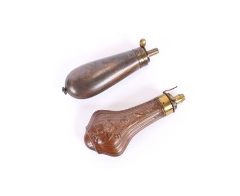 A small pistol powder flask, embossed with columbine; and a Dixon plain copper bag shaped pistol flask, (2)