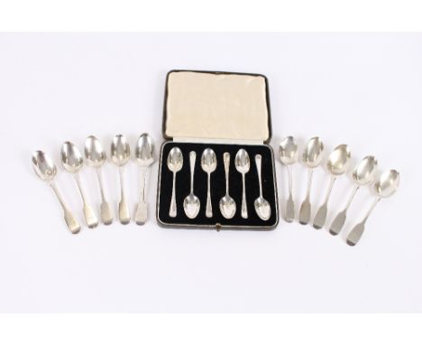 Five William IV silver Fiddle pattern teaspoons; 5 others, (monogrammed); and a cased set of six silver teaspoons, London 194